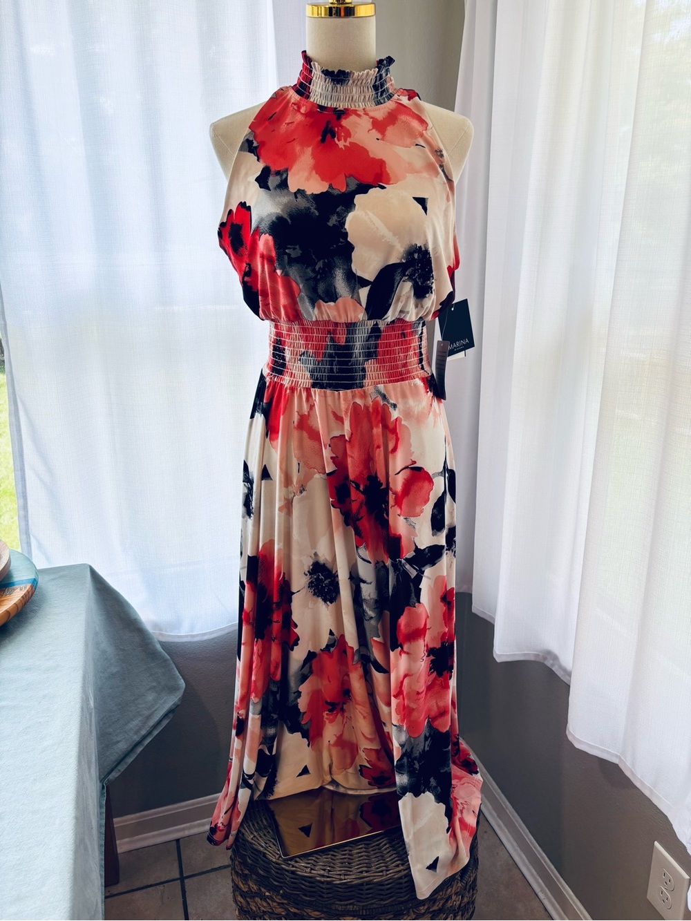 MARINA Coral and Black Floral Halter Maxi Dress